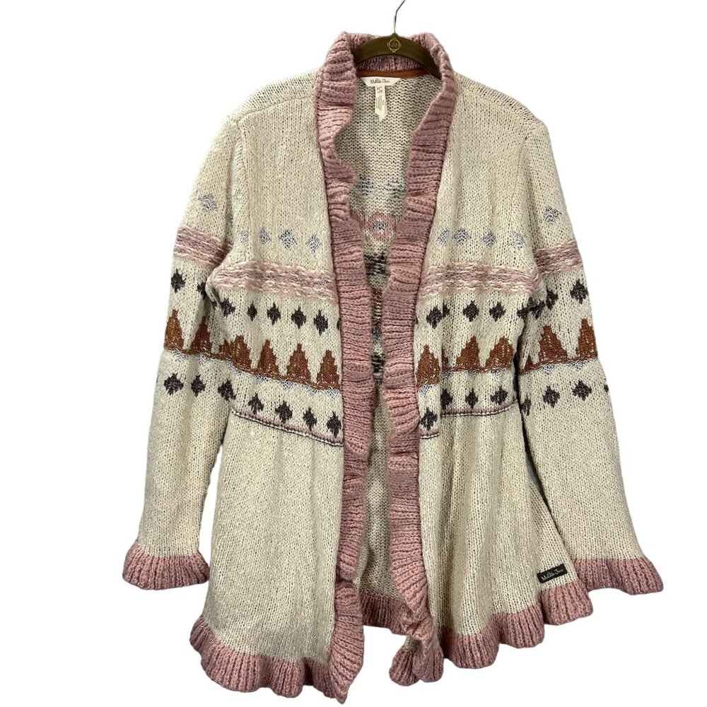 Matilda Jane Womens Jacie Ruffled Knit Cardigan Sweater L Wool Blend Boho Aztec